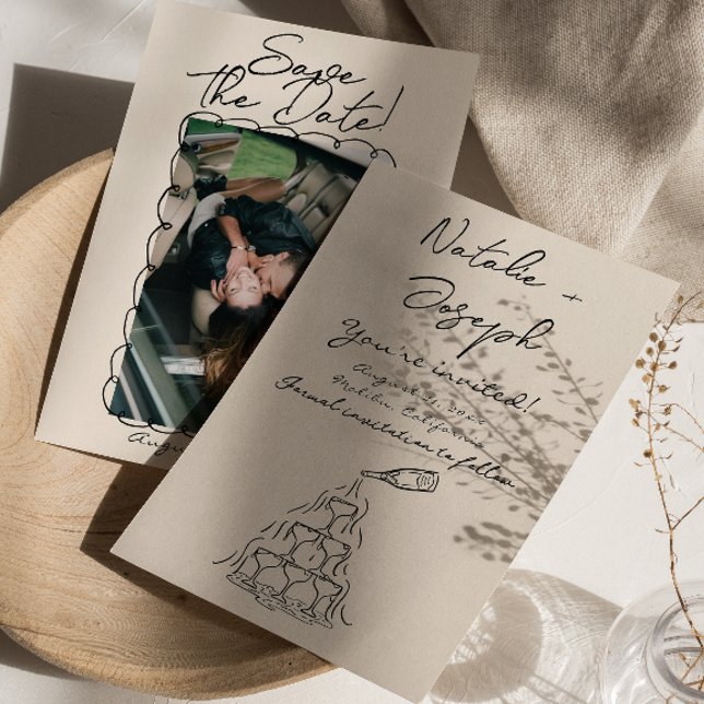 Reserve A Data Casamento Fotográfico de Champanhe Desenhado Retro (Criador carregado)