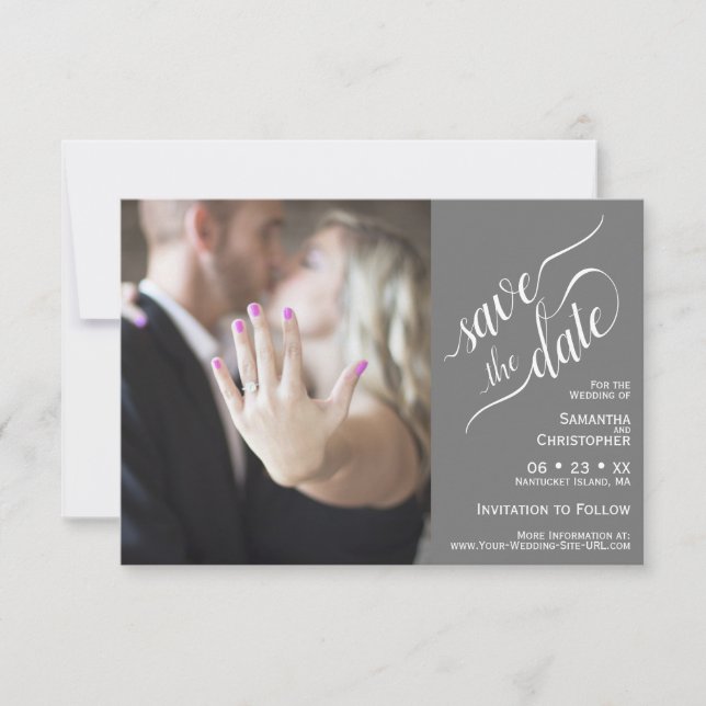 Reserve A Data Casamento Fotográfico de Cinza de Caligrafia Elega (Frente)