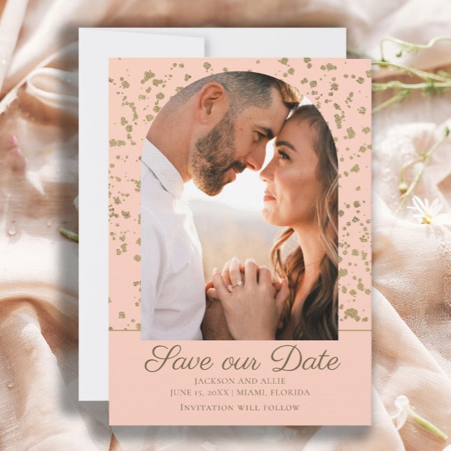 Reserve A Data Casamento Fotográfico de Domo com Arca Dourada Ros (Elegant pink and gold arch photo wedding Save-the-Date card)