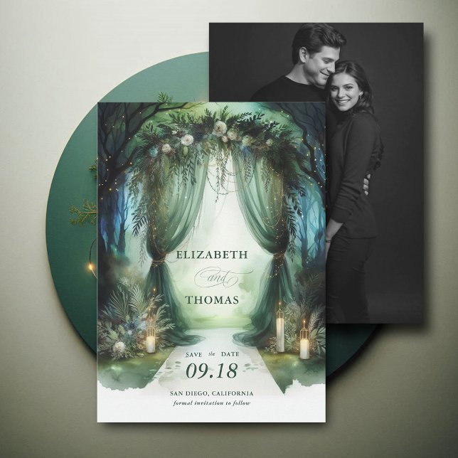 Reserve A Data Casamento Fotográfico de Dreamy Moody Canopy da Fl (enchanted forest woodland wedding save the date arch canopy calligraphy fairy tale magic moody dark)