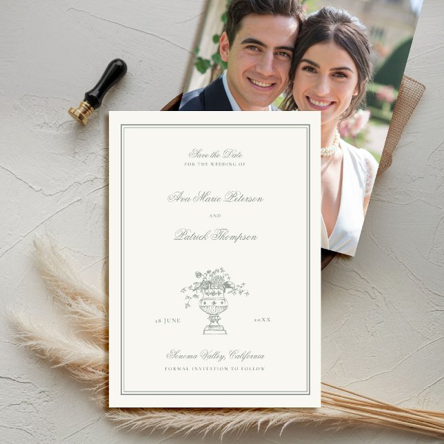 Reserve A Data Casamento Fotográfico de Imagem Verde de Estate Fl (elegant wedding save the date photo template chateau estate garden destination sage green)