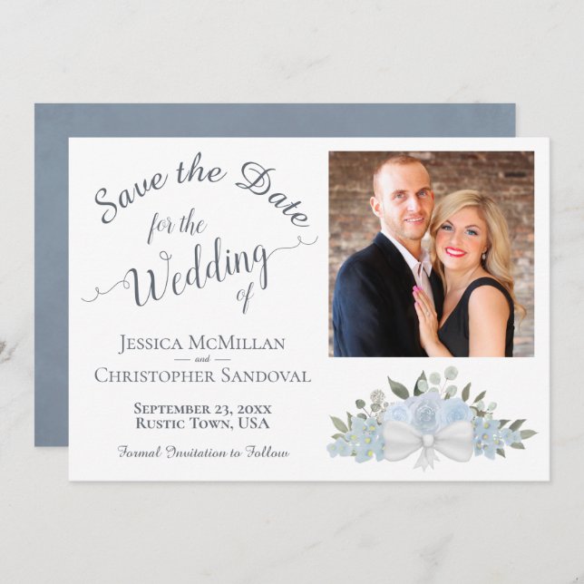 Reserve A Data Casamento Fotográfico de Rosas Azuis Elegantes (Frente/Verso)