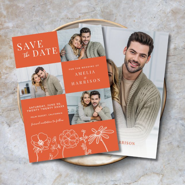 Reserve A Data Casamento Fotográfico de Verona Sunset Elegant Flo ( Verona Sunset Elegant Floral 4 Photo Wedding Save the Date, Line Art, 3 front photos, 1 on back.)