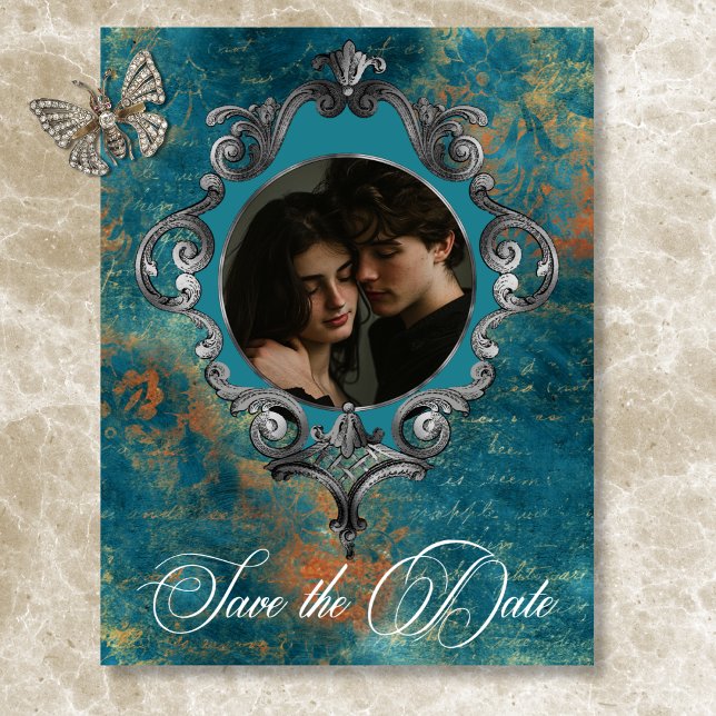 Reserve A Data Casamento Fotográfico Dourado Damasco com Teal Ant (Gothic Antique Teal Gold Damask Wedding Save The Date Photo)