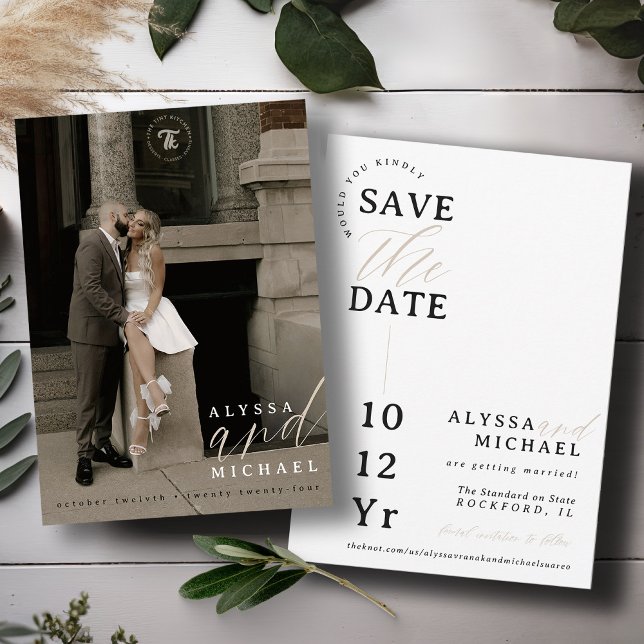 Reserve A Data Casamento Fotográfico Elegante Simples Moderno Bra (Elegant modern photo typography script simple wedding save the date, black and white, champagne tan)