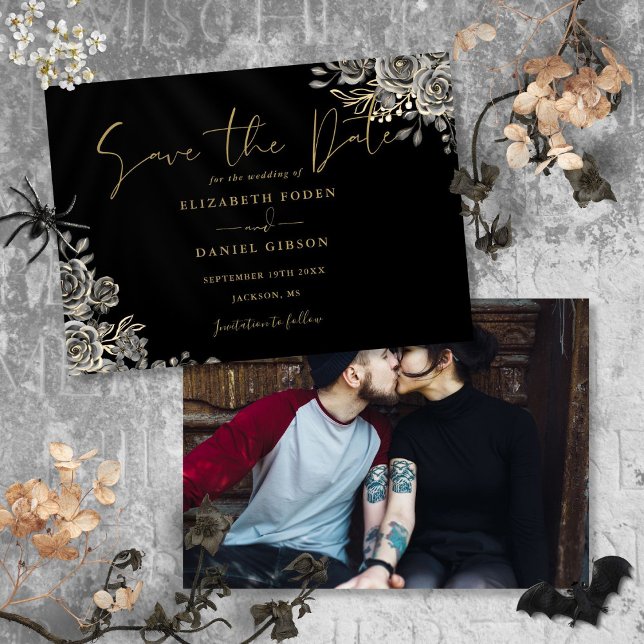 Reserve A Data Casamento Fotográfico Floral Preto E Dourado (Black And Gold Gothic Floral Photo Wedding Save The Date)