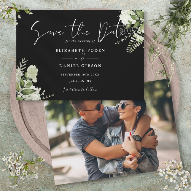Reserve A Data Casamento Fotográfico Floral Preto E Verde Branco (Black And White Greenery Floral Photo Wedding Save The Date)