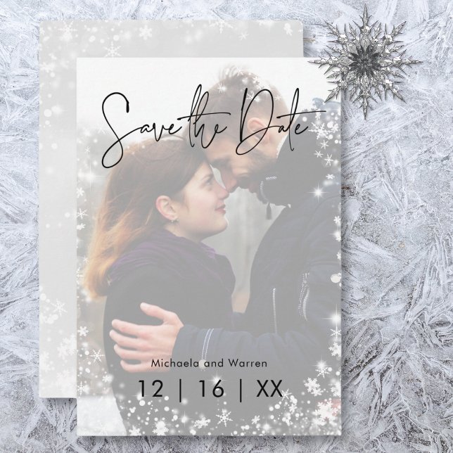 Reserve A Data Casamento Fotográfico Moderno da Neve de inverno (Winter Snow Modern Photo Wedding Save the Date Card)