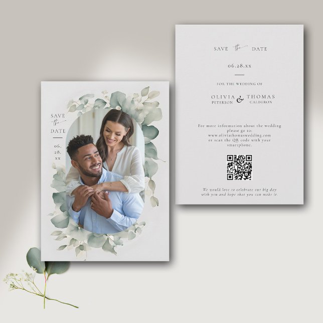 Reserve A Data Casamento Fotográfico Moderno Eucalyptus Greenery  (modern minimalist simple wedding save the date typography calligraphy eucalyptus greenery frame chic)