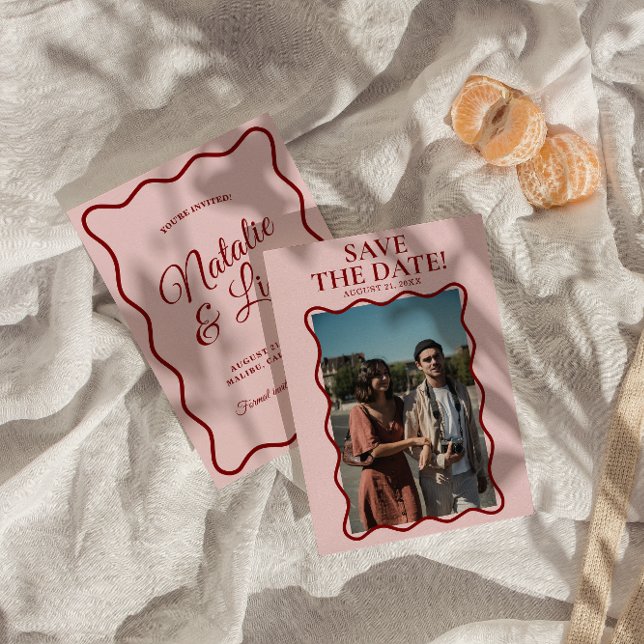 Reserve A Data Casamento Fotográfico Retro Cor-de-rosa Vermelho B (Criador carregado)