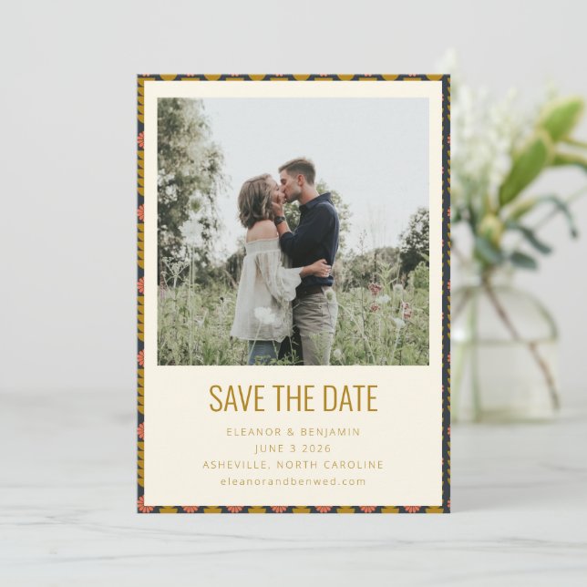 Reserve A Data Casamento Geométrico Botânico Retro Dourado Azul-M (Em pé/Frente)