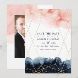 Reserve A Data Casamento Geométrico com Aquarela Azul Marinho e R