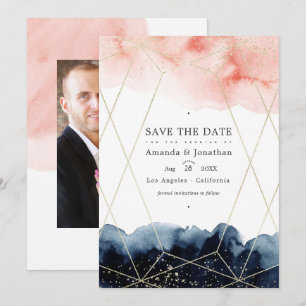Reserve A Data Casamento Geométrico com Aquarela Azul Marinho e R
