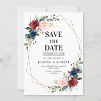 Casamento Geométrico Dourado Floral Blush Marinho