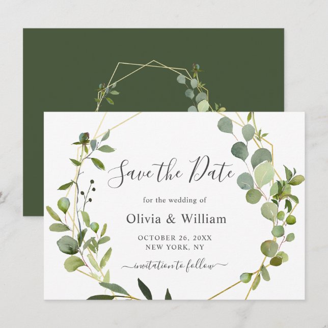 Reserve A Data Casamento Geométrico Floral de Eucalipto Moderno (Frente/Verso)