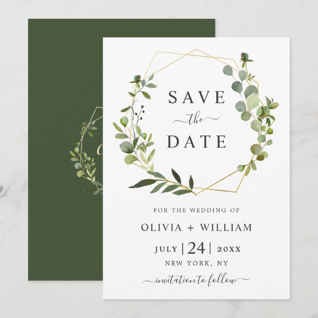 Reserve A Data Casamento Geométrico Floral de Eucalipto Moderno (Frente/Verso)