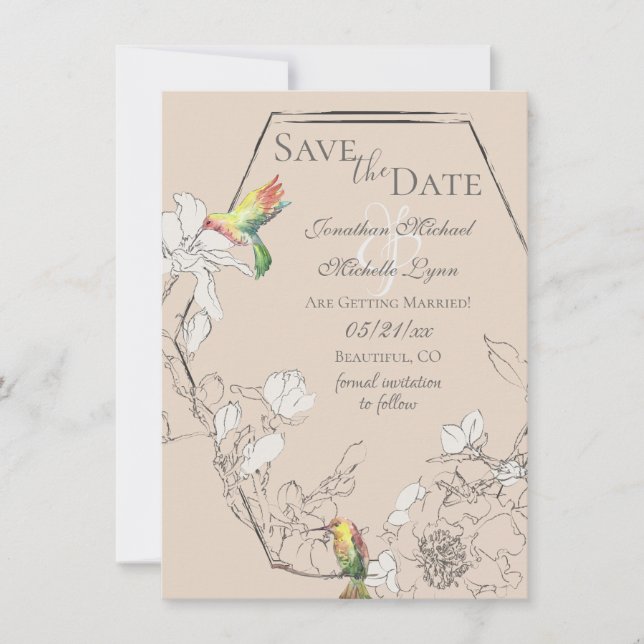 Reserve A Data Casamento Geométrico Watercolor Hummingbird (Frente)