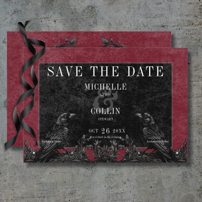 Reserve A Data Casamento Gótico de Rosas Negras Raven & Black (Gothic Black Raven & Black Roses Wine Wedding Save The Date Card)