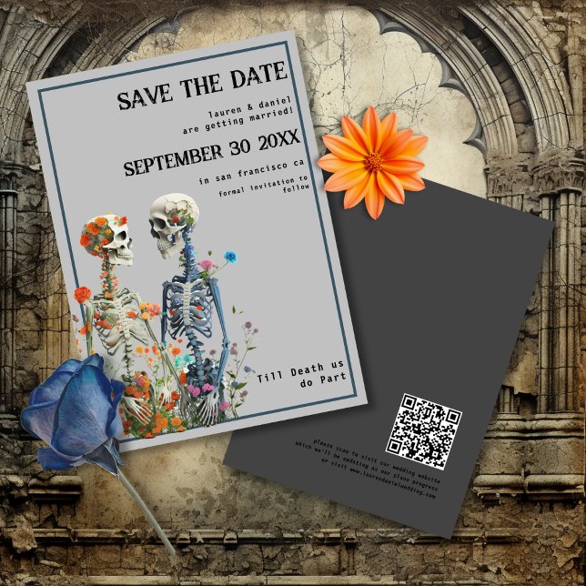 Reserve A Data Casamento Gótico do Código QR do Casal Skeleton (Front and back view, Gothic love. )