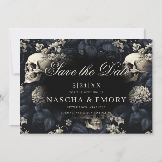 Reserve A Data Casamento Gótico Elegante - Skulls Florais Dark (Frente)