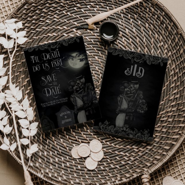 Reserve A Data Casamento Gótico Floral Preto e Cinza Personalizad (Criador carregado)