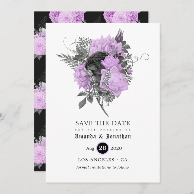 Reserve A Data Casamento Gótico Floral Preto Roxo e Prata (Frente/Verso)