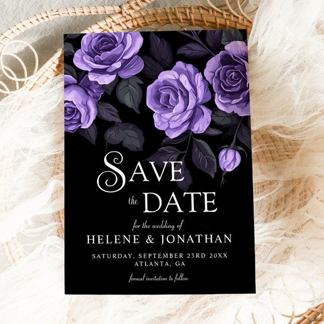 Reserve A Data Casamento Gótico Floral Rosa Roxo Escuro Moody (Purple Roses Dark Moody Floral Gothic Wedding Save The Date)