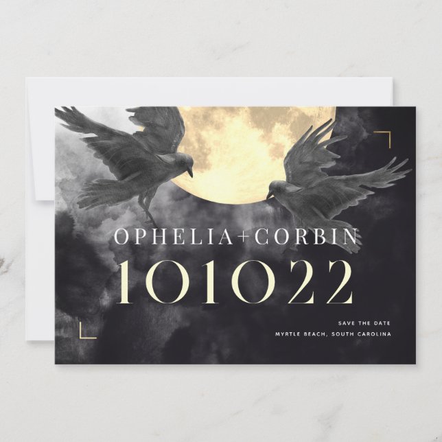 Reserve A Data Casamento Gótico Raven & Ouro (Frente)