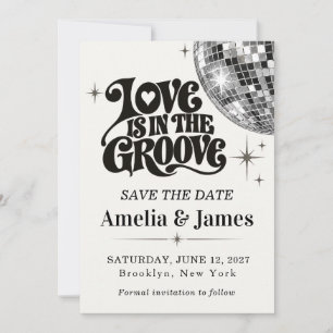 Reserve A Data Casamento Groovy 70s Bola de Discoteca Preto e Bra