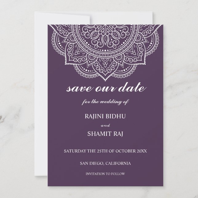 Reserve A Data Casamento Hindu Indiano Elegante EggPlant Paisley (Frente)