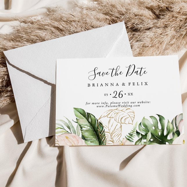 Reserve A Data Casamento Horizontal Dourado de Folhagem Tropical (Criador carregado)