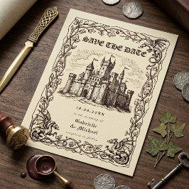 Reserve A Data Casamento Ilustração Sépia Castelo Medieval