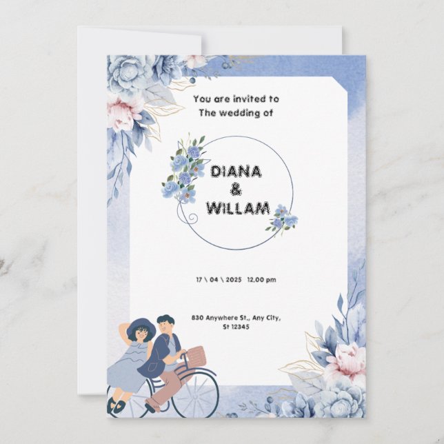 Reserve A Data Casamento Ilustrativo Floral Azul e Branco Suave (Frente)