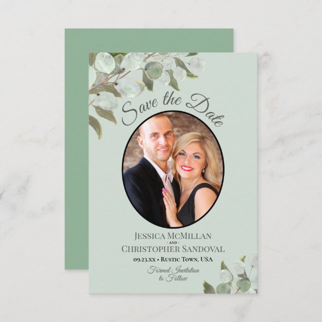 Reserve A Data Casamento Impresso Eucalyptus Greenery & Photo (Frente/Verso)
