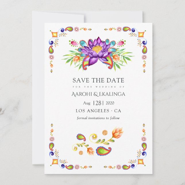 Reserve A Data Casamento Indiano Floral Paisley da Moda (Frente)