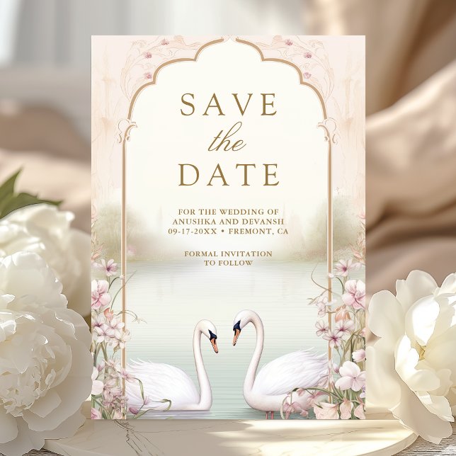 Reserve A Data Casamento Indiano Romântico Floral Pastel Cisnes (Criador carregado)