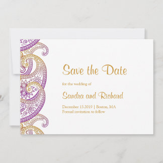 Reserve A Data Casamento Indiano Roxo e Dourado de Paisley