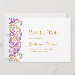 Reserve A Data Casamento Indiano Roxo e Dourado Paisley