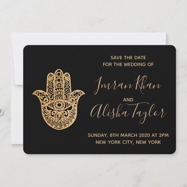 Reserve A Data Casamento Indiano Salve a data Dourada hamsa Henna (Frente)