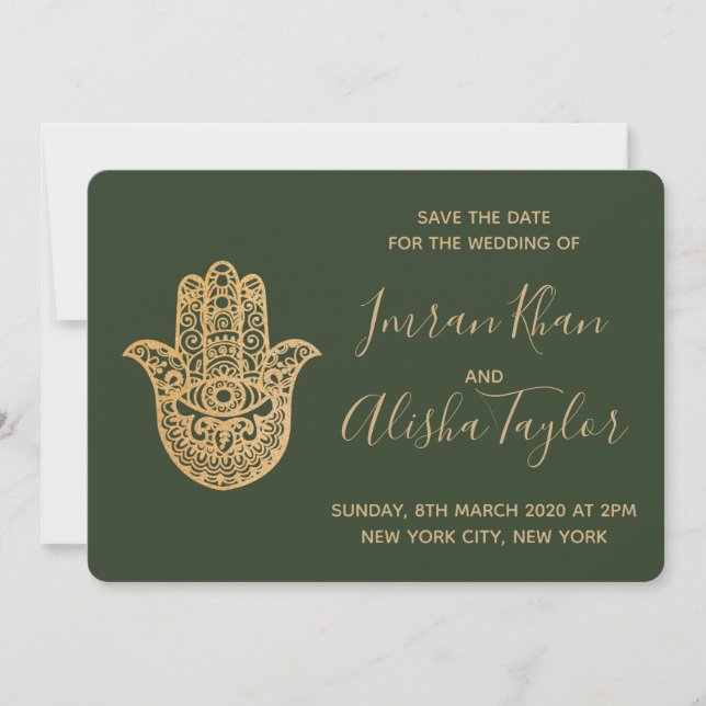 Reserve A Data Casamento Indiano Salve a data Dourado hamsa Henna (Frente)