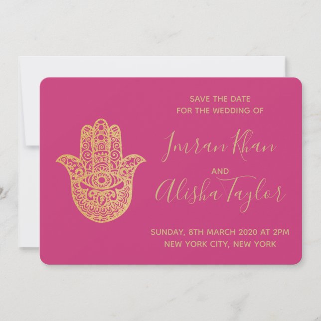 Reserve A Data Casamento Indiano Salve a data Dourado hamsa Henna (Frente)