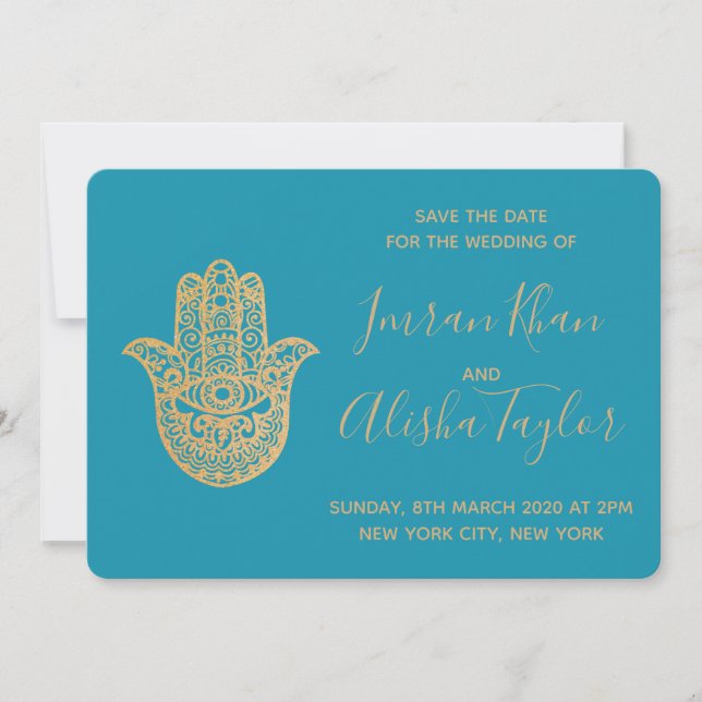 Reserve A Data Casamento Indiano Salve a data Dourado hamsa Henna (Frente)