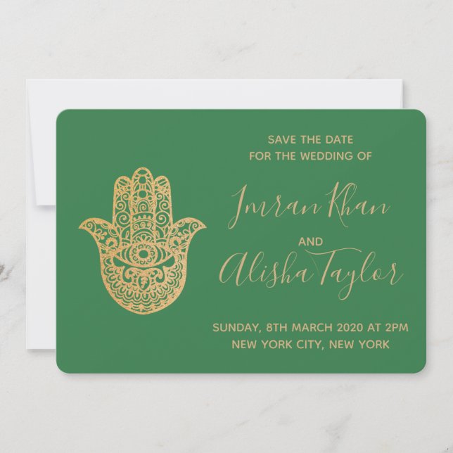 Reserve A Data Casamento Indiano Salve a data Dourado hamsa Henna (Frente)