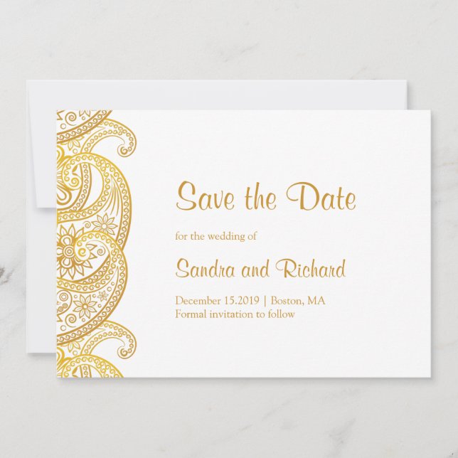 Reserve A Data Casamento Indiano Tradicional Paisley Dourado (Frente)