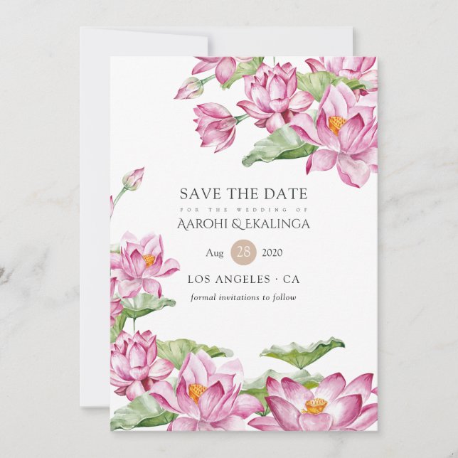 Reserve A Data Casamento Índio com Flor de Watercolor Lotus (Frente)