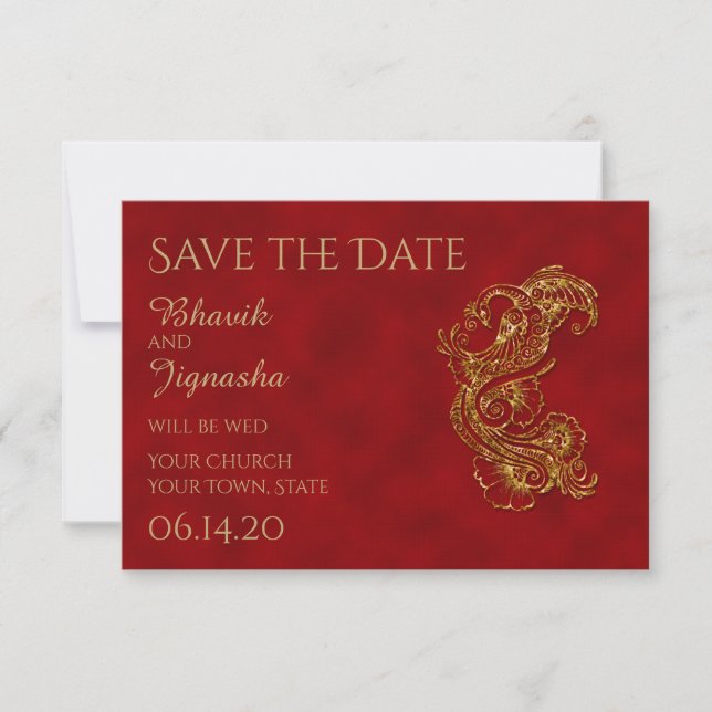 Reserve A Data Casamento Índio Vermelho e Dourado Salve a Data (Frente)