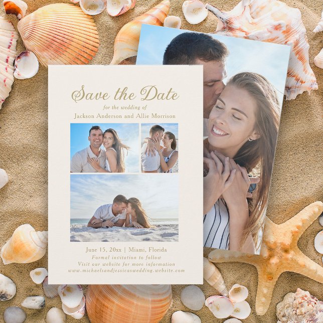 Reserve A Data Casamento Lado-Lado com Creme 4 Foto 2 (4-photo, 2-sided wedding Save the Date card)