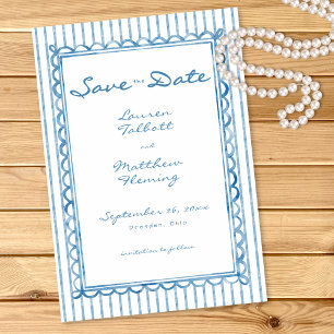 Reserve A Data Casamento Listra Aquarela Azul Branco Caprichoso
