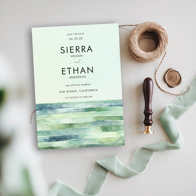 Reserve A Data Casamento Listras Verdes Mar Piscina de Maré Praia (coastal wedding invitation save the date card green theme tide pool sea sage modern elegant)
