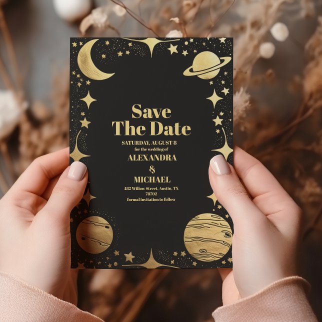 Reserve A Data Casamento Lua Crescente Preto Celestial Dourado (Criador carregado)
